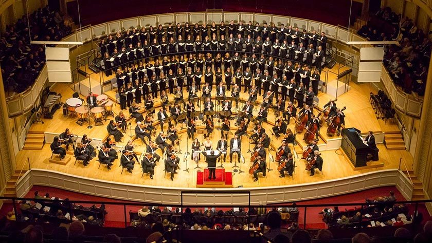 Orchestra performing in a concert hall