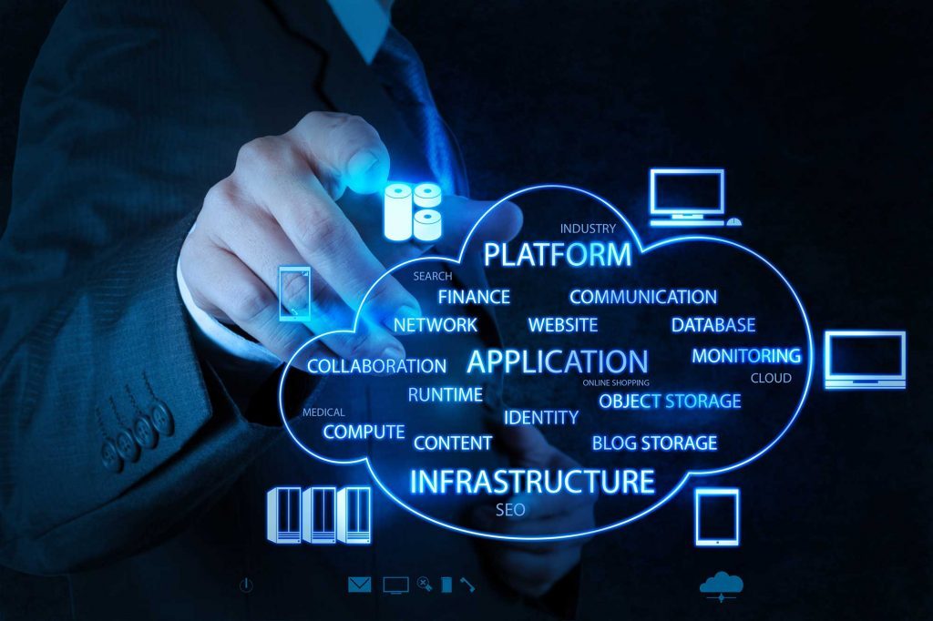 Hand touching a cloud computing platform diagram